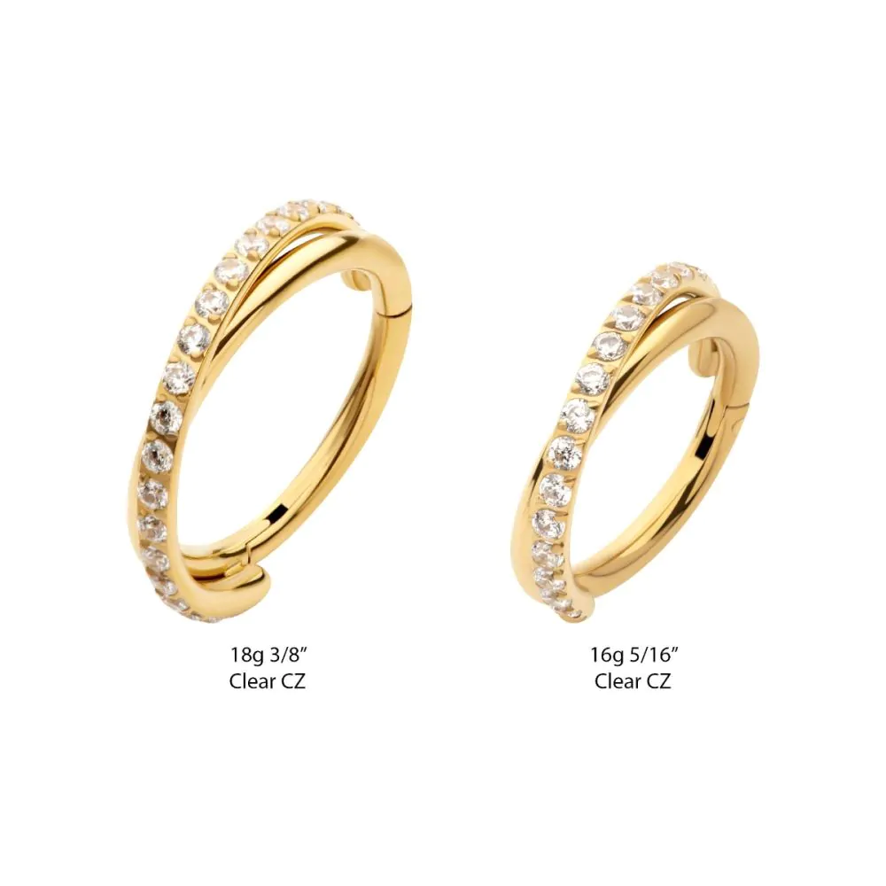 24Kt Gold PVD Titanium Double Hoop Side Facing Hinged Segment Clicker with CNC Set Round CZ - Image 3