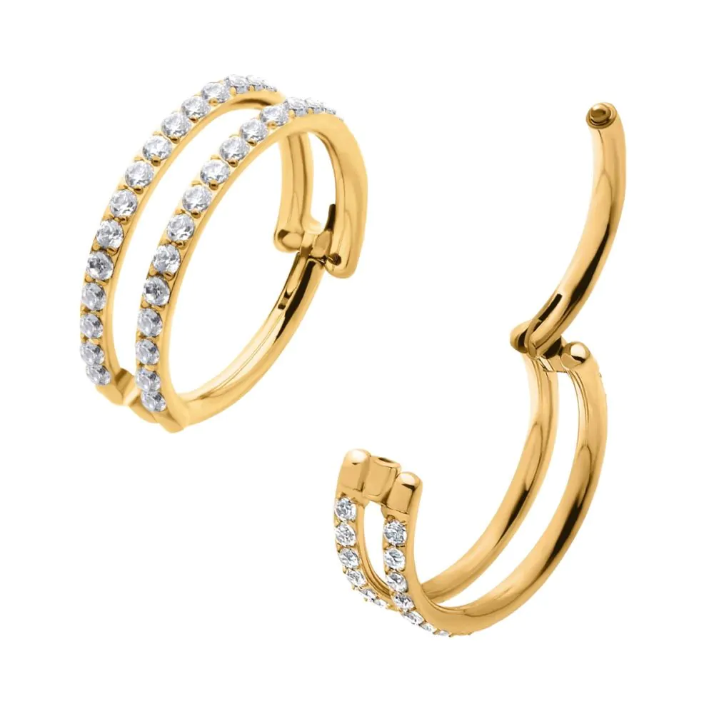 24Kt Gold PVD Titanium Double Row Full Clear CZ Side Facing Hinged Segment Clicker - Image 2