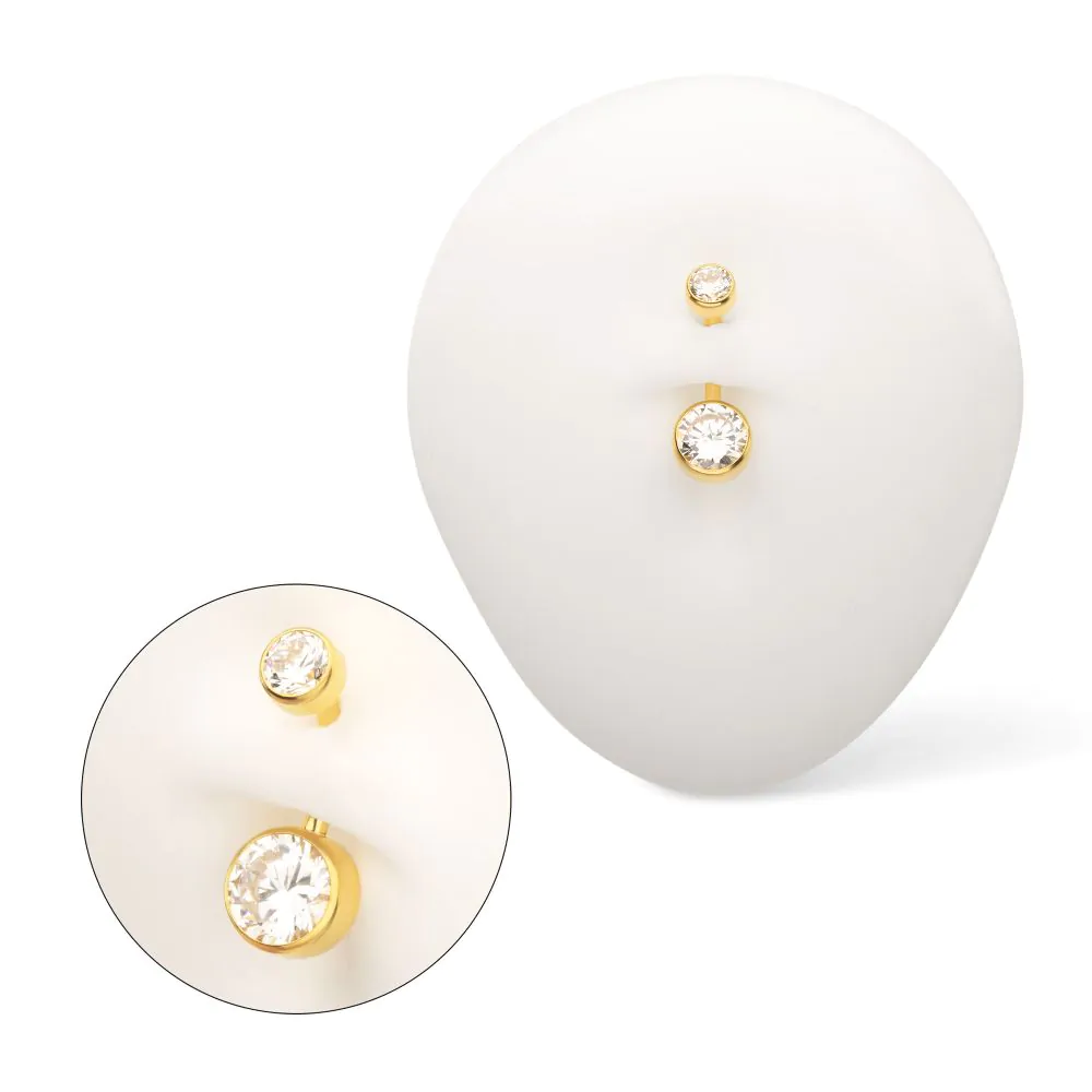 24Kt Gold PVD Titanium Internally Threaded Double Bezel Round with Smooth Rounded Back & Fixed Bottom Navel (Larger Gems) - Image 2