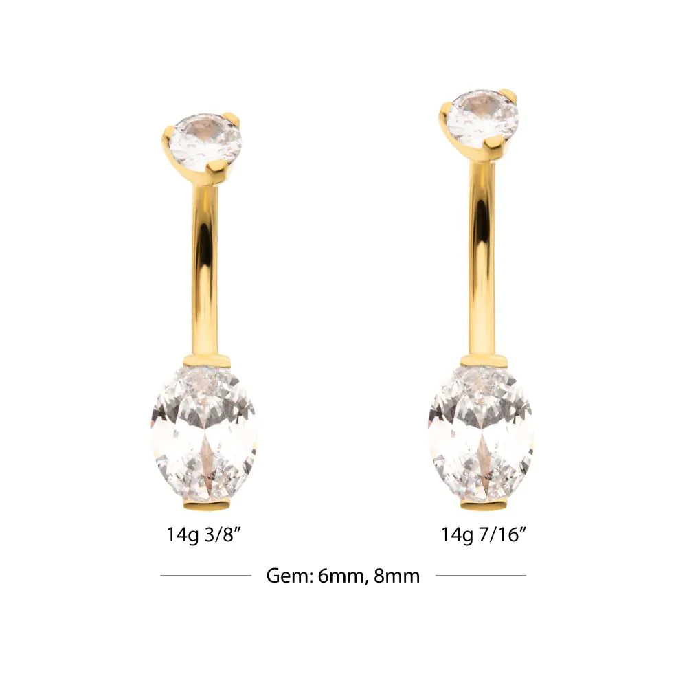 24Kt Gold PVD Titanium Internally Threaded Double Gem with Prong Set Oval Fixed Bottom Navel - Image 3