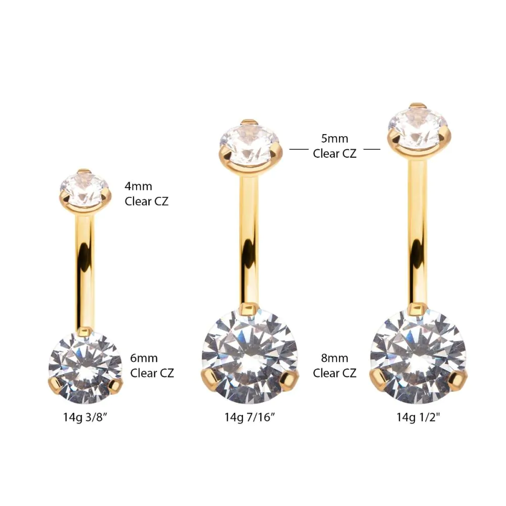 24KT Gold PVD Titanium Internally Threaded Double Prong Set Clear CZ Fixed Bottom Navel - Image 2