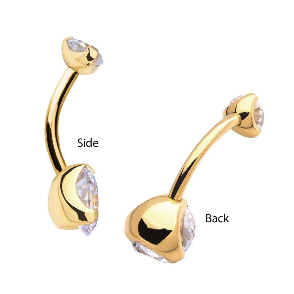 24KT Gold PVD Titanium Internally Threaded Double Prong Set Clear CZ Fixed Bottom Navel - Image 3