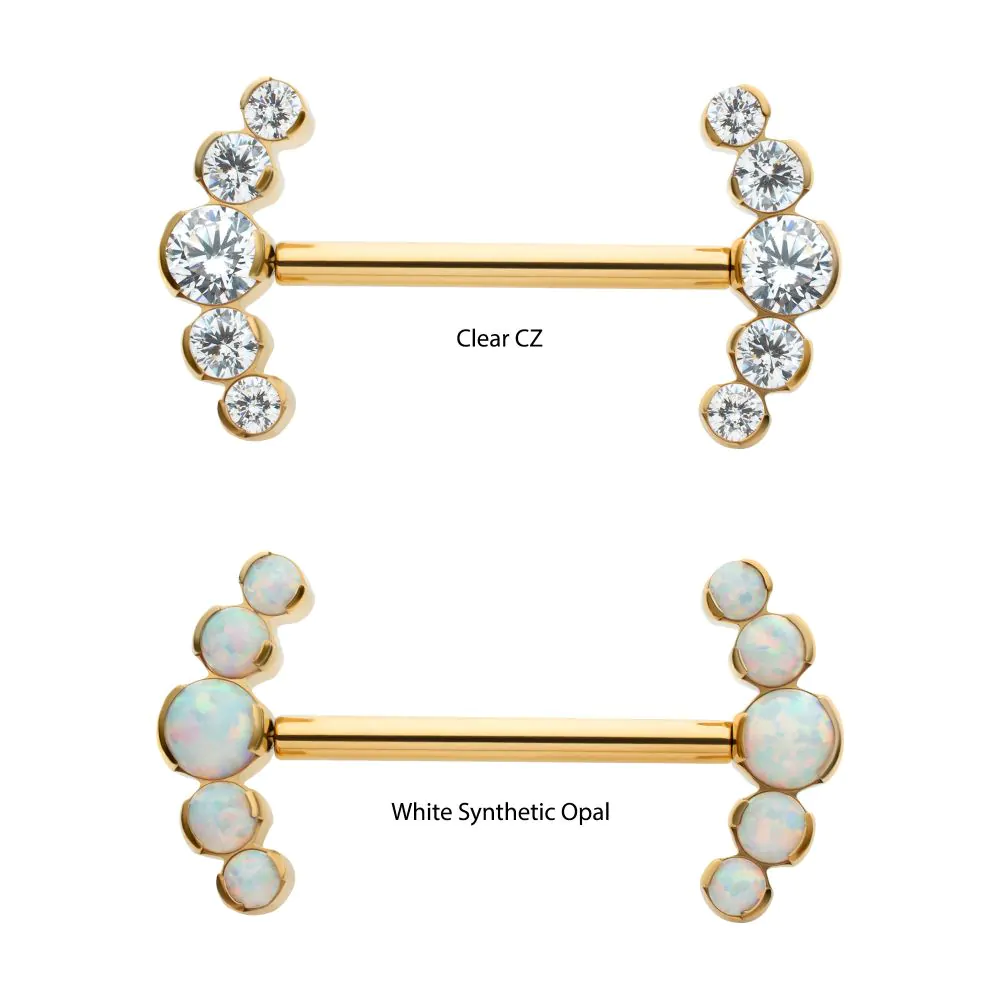 24Kt Gold PVD Titanium Semi-Bezel Set Round Gem/Opal 5-Cluster End Nipple Barbell (One Side Fixed, One Side Threadless ) | Sold by piece - Image 2