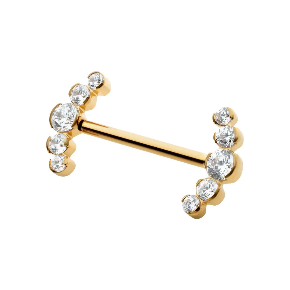 24Kt Gold PVD Titanium Semi-Bezel Set Round Gem/Opal 5-Cluster End Nipple Barbell (One Side Fixed, One Side Threadless ) | Sold by piece - Image 3