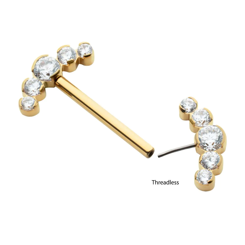 24Kt Gold PVD Titanium Semi-Bezel Set Round Gem/Opal 5-Cluster End Nipple Barbell (One Side Fixed, One Side Threadless ) | Sold by piece - Image 4