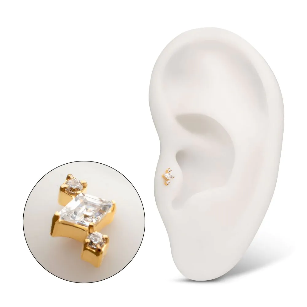 24KT Gold PVD Titanium Threadless 3-Cluster Top with Prong Set Round & Rhombus Gem - Image 2