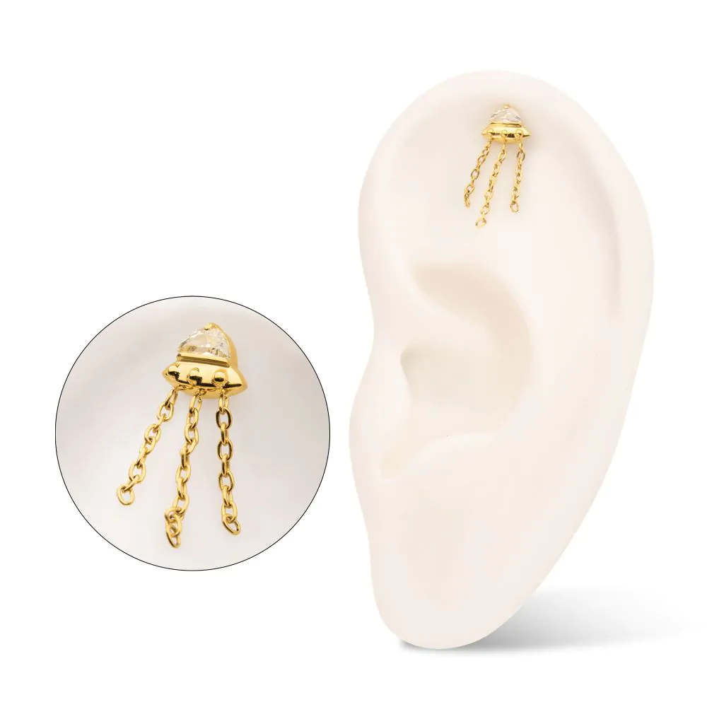 24KT Gold PVD Titanium Threadless 3D UFO Gem Top with Small Triple Chain Dangle - Image 2