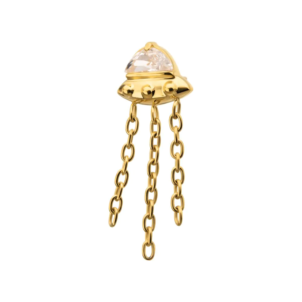 24KT Gold PVD Titanium Threadless 3D UFO Gem Top with Small Triple Chain Dangle - Image 3