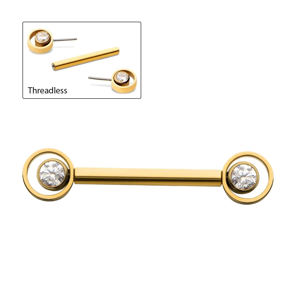 24Kt Gold PVD Titanium Threadless Bezel Round CZ Orbit Nipple Barbell | Sold by piece - Image 3
