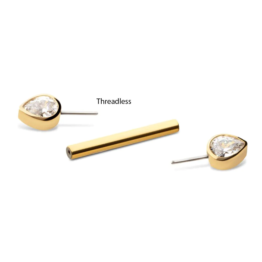 24Kt Gold PVD Titanium Threadless Bezel Teardrop CZ Nipple Barbell | Sold by piece - Image 2