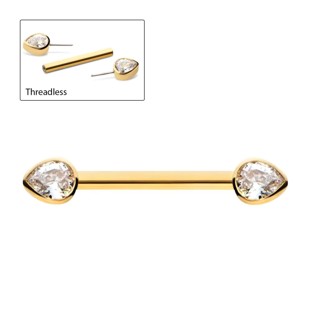 24Kt Gold PVD Titanium Threadless Bezel Teardrop CZ Nipple Barbell | Sold by piece - Image 3