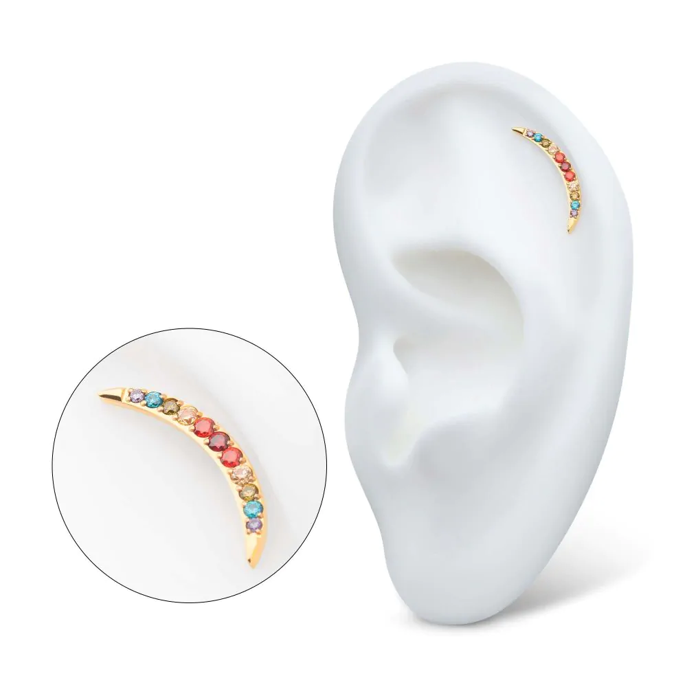 24Kt Gold PVD Titanium Threadless Multicolor CZ Curved Bar Top - Image 2
