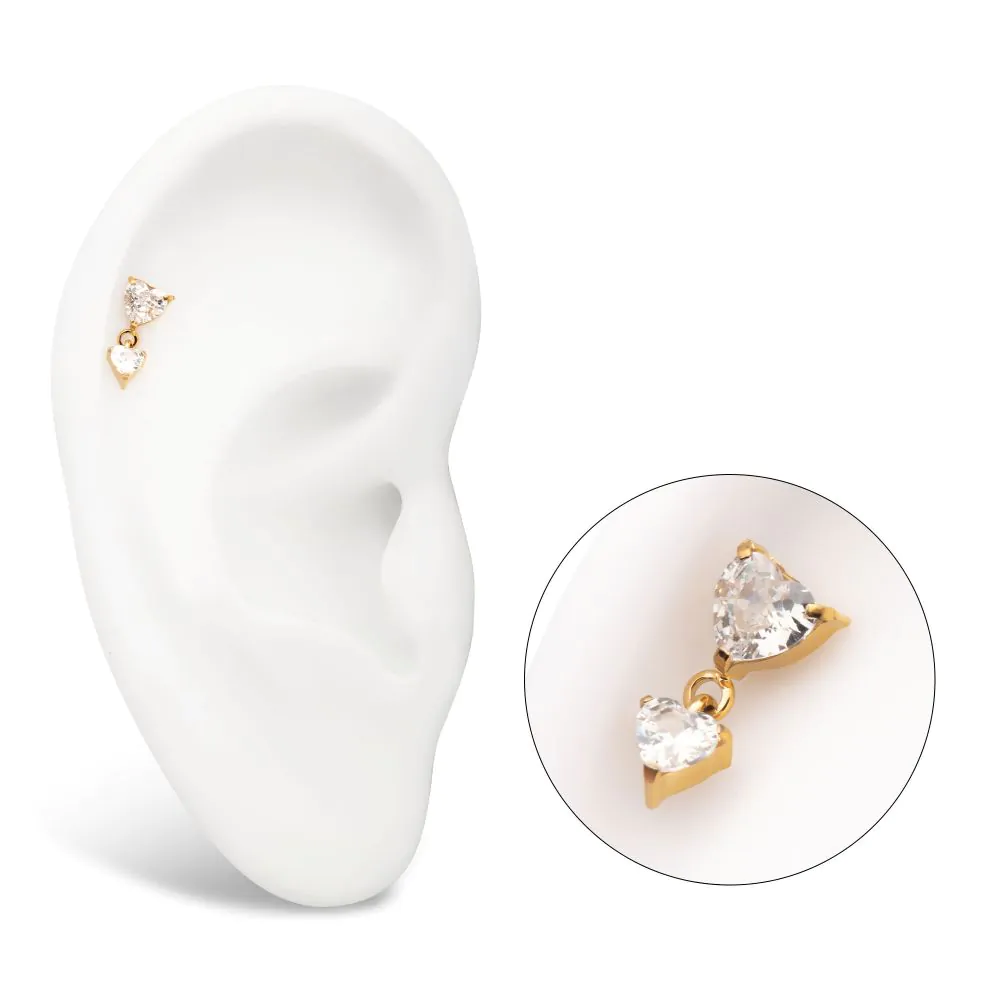 24KT Gold PVD Titanium Threadless Prong Set Double Heart Gem Dangle Top - Image 2