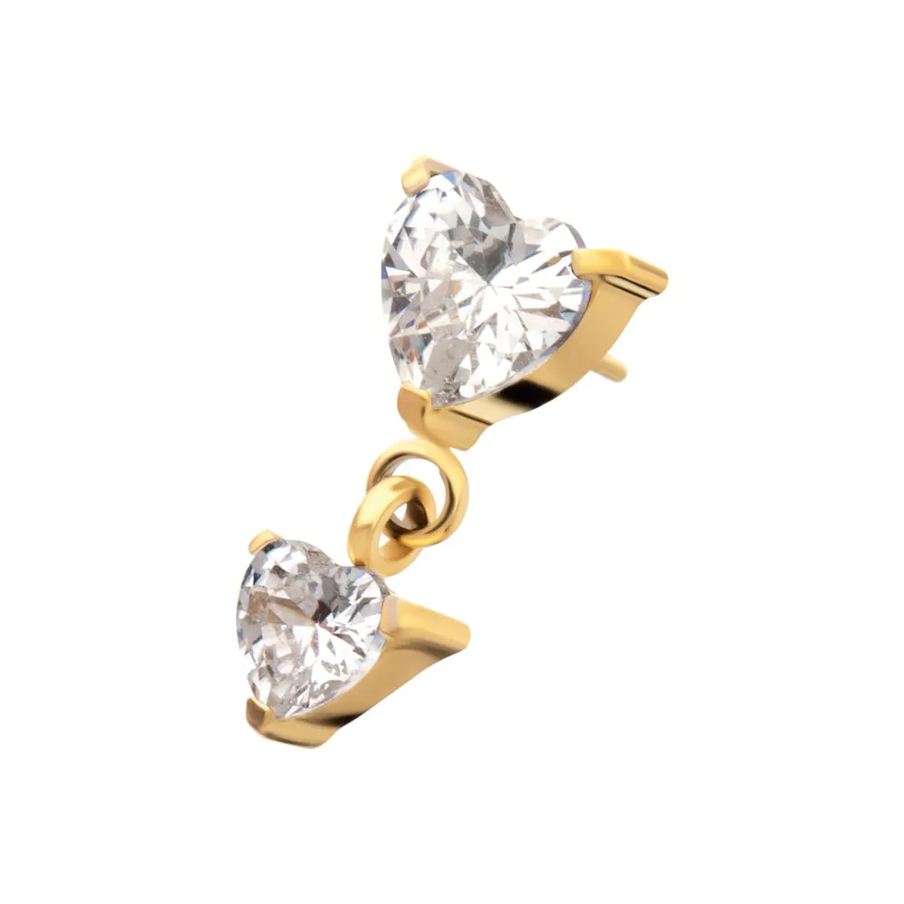 24KT Gold PVD Titanium Threadless Prong Set Double Heart Gem Dangle Top - Image 4