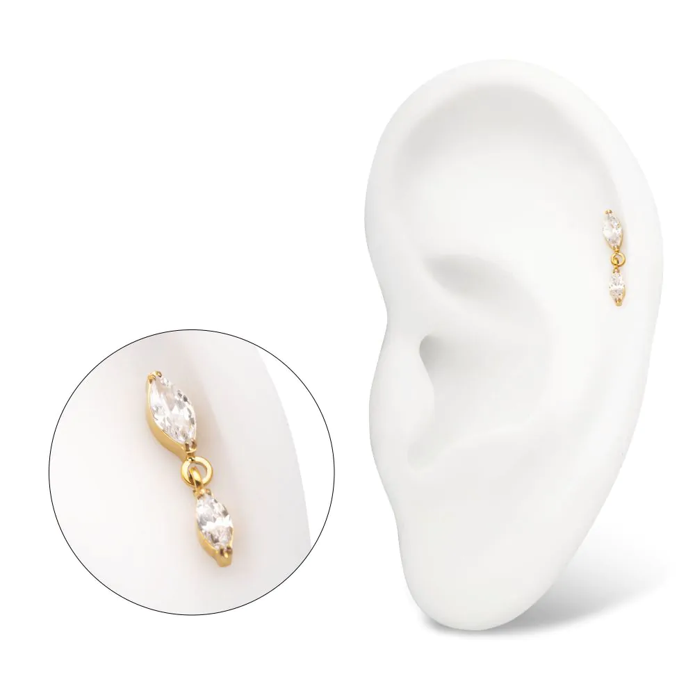 24KT Gold PVD Titanium Threadless Prong Set Double Marquise Gem Dangle Top - Image 2