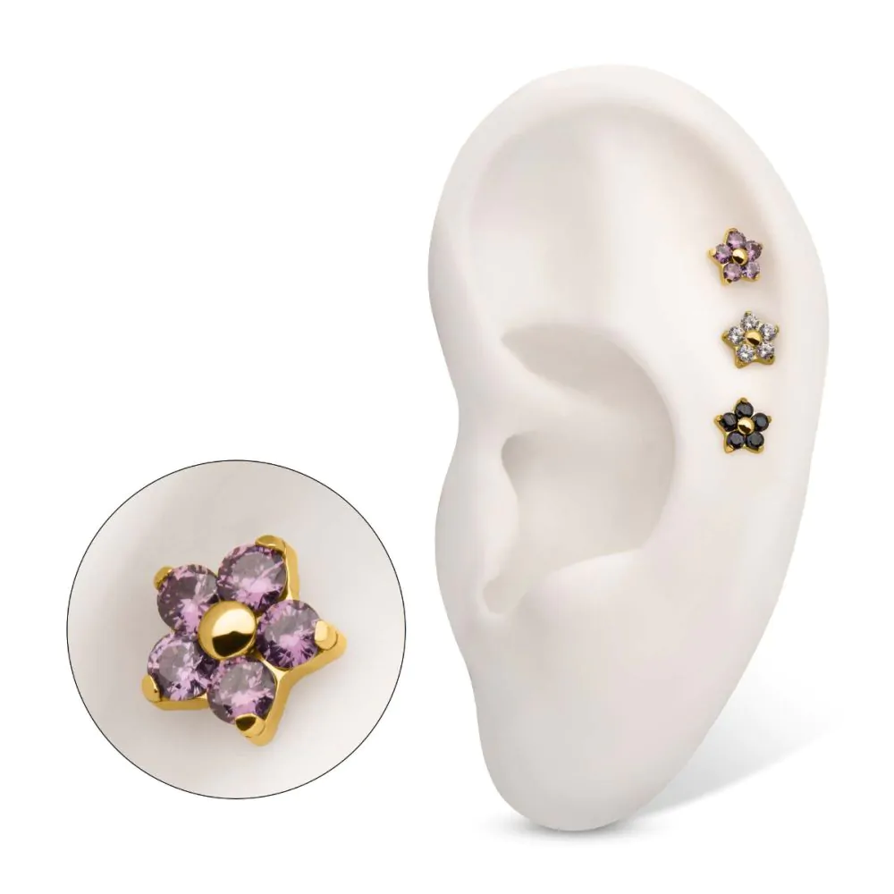 24Kt Gold PVD Titanium Threadless Prong Set Gem 5-Petal Flower Top - Image 2