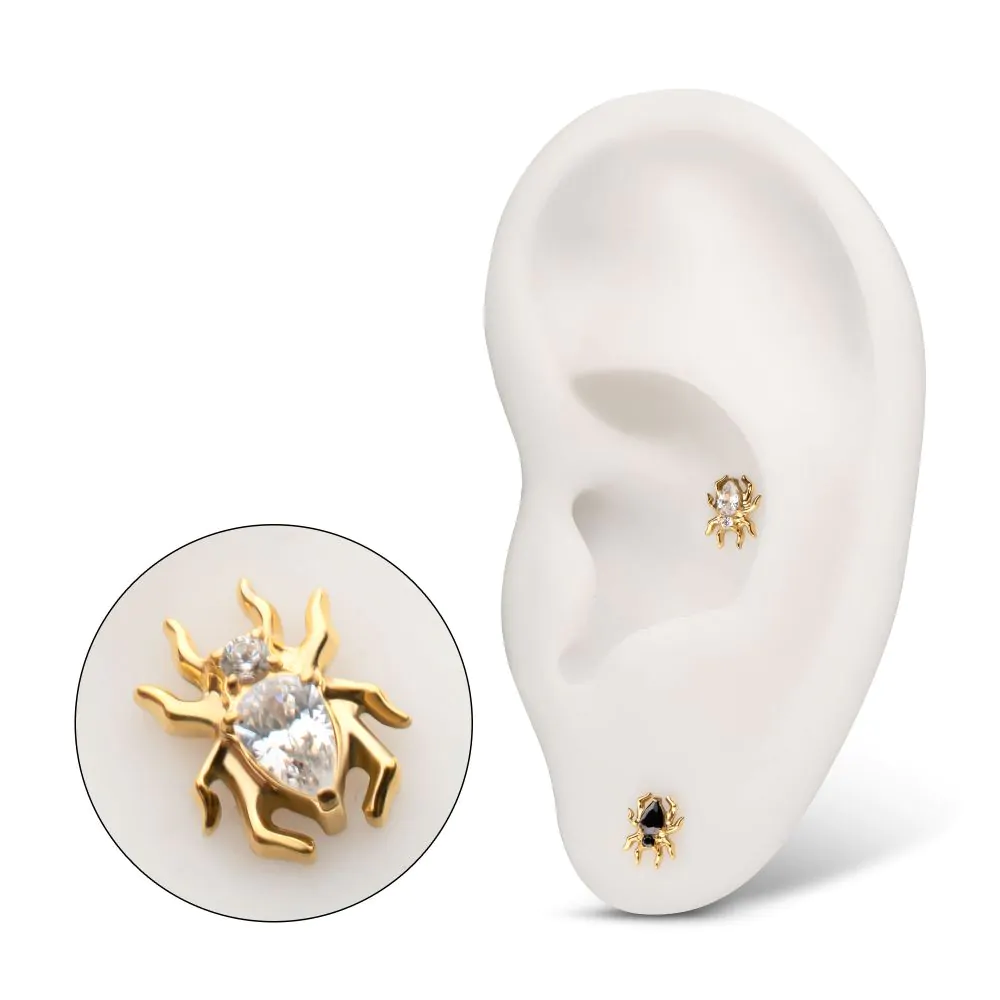 24KT Gold PVD Titanium Threadless Spider Top with Teardrop & Round Gem - Image 2