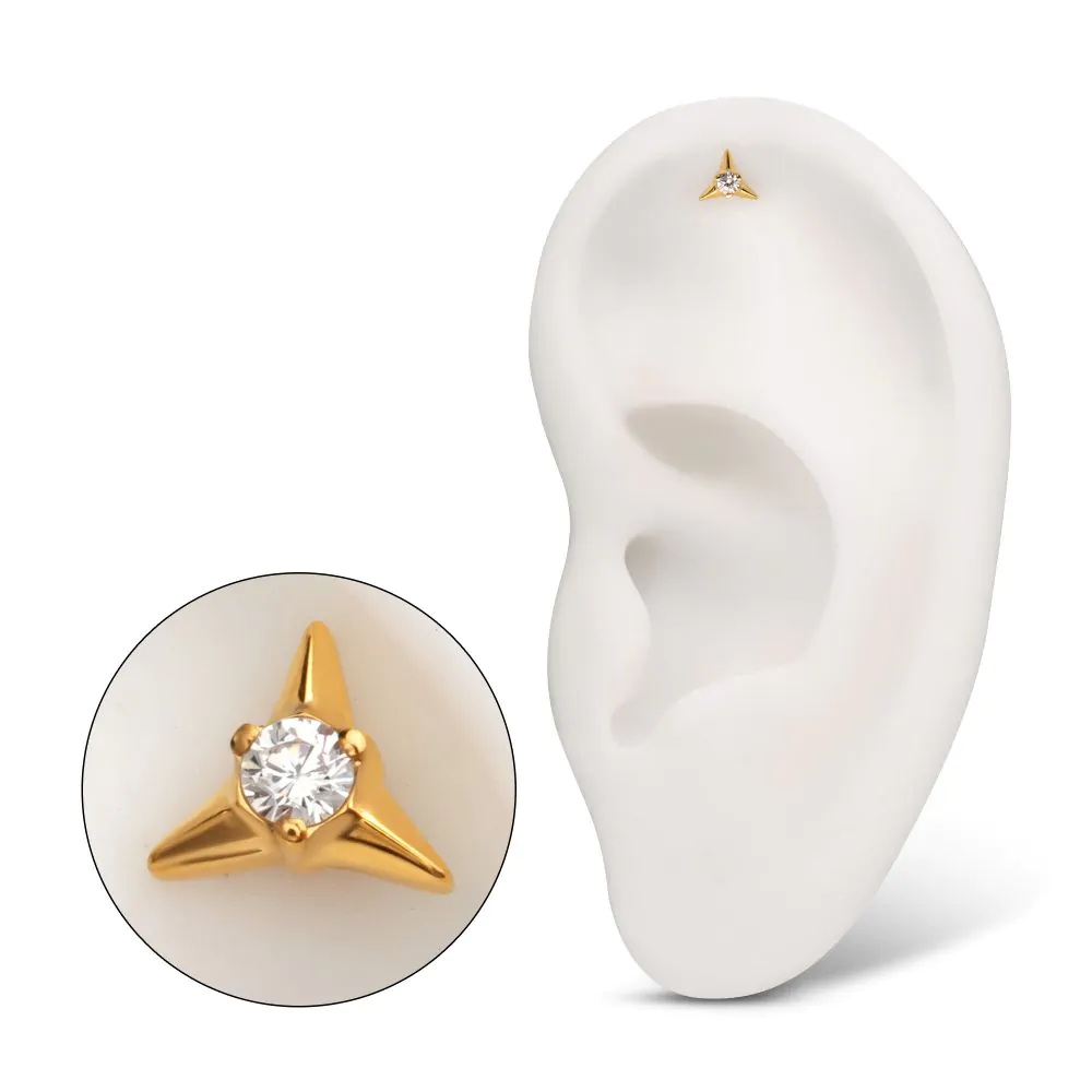 24KT Gold PVD Titanium Threadless Triangle Shape Top with Prong Set Gem - Image 2