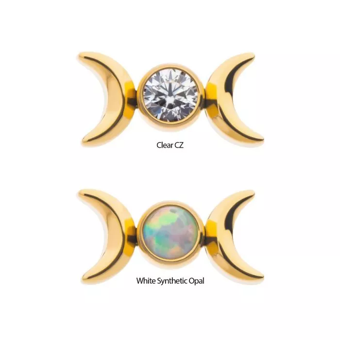 24Kt Gold PVD Titanium Threadless Triple Moon Phase with CZ/Opal Top - Image 3