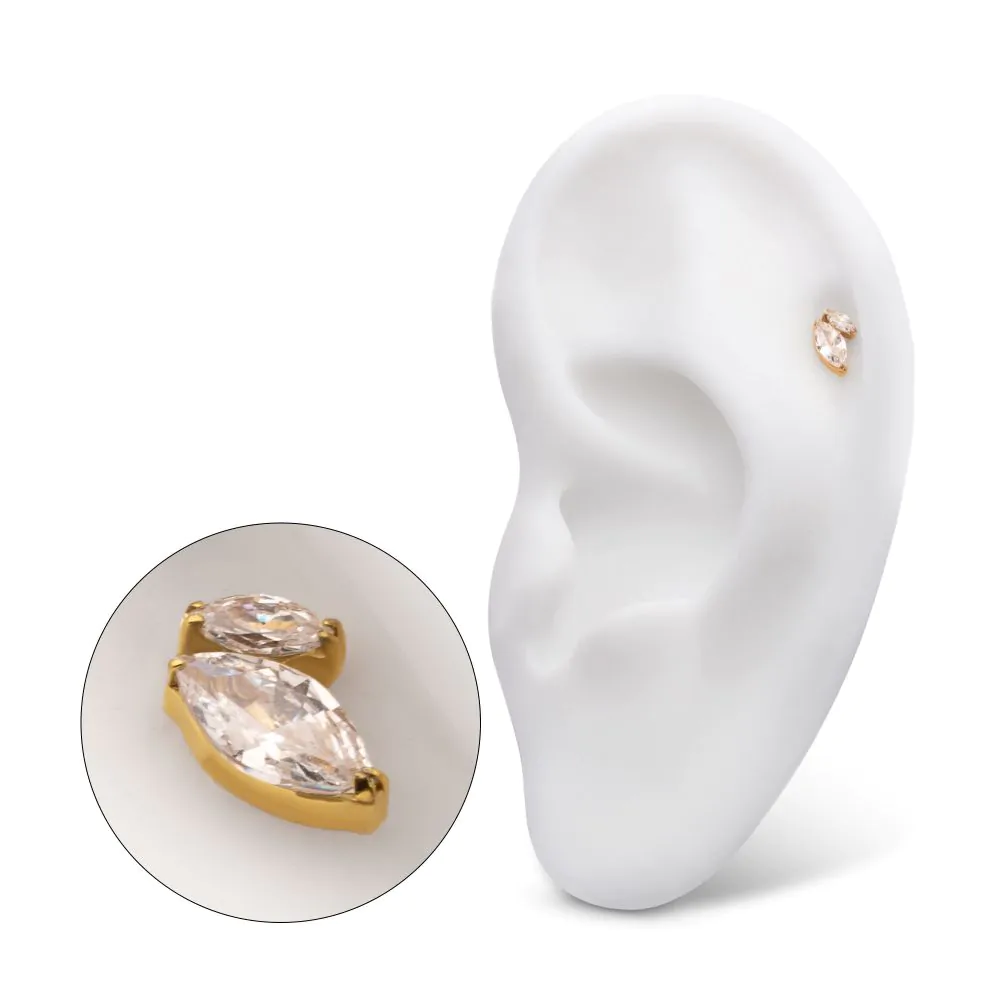 24Kt Gold PVD Titanium Threadless V-Prong Dual Marquise CZ Gem Top - Image 2