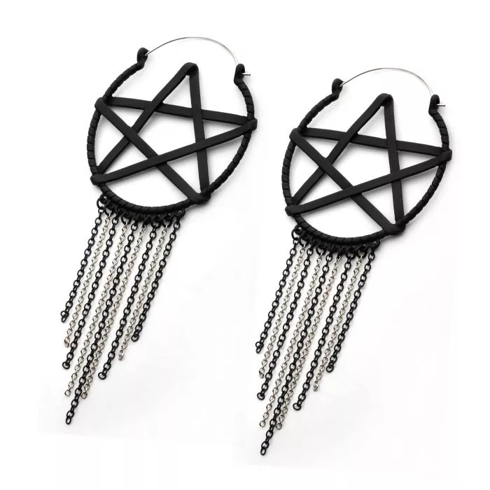 Black Pentagram Chain Dangle Hanger Earrings - Image 2
