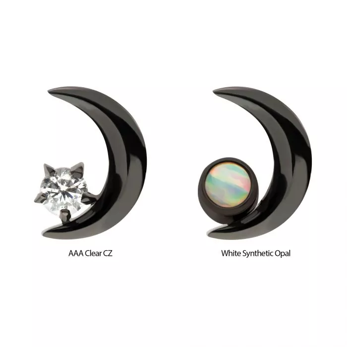 Black PVD Titanium Threadless Crescent Moon with Gem Top - Image 3