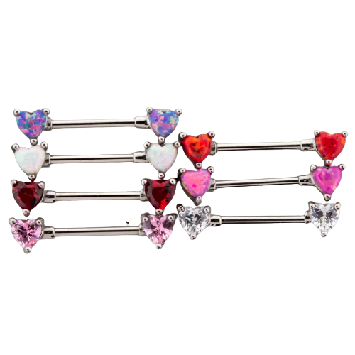Front Facing Opal & Gem Heart Nipple Bars