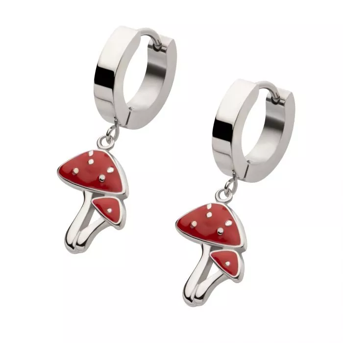 Red Mushroom Dangle Huggie Hoop Earring - Image 2
