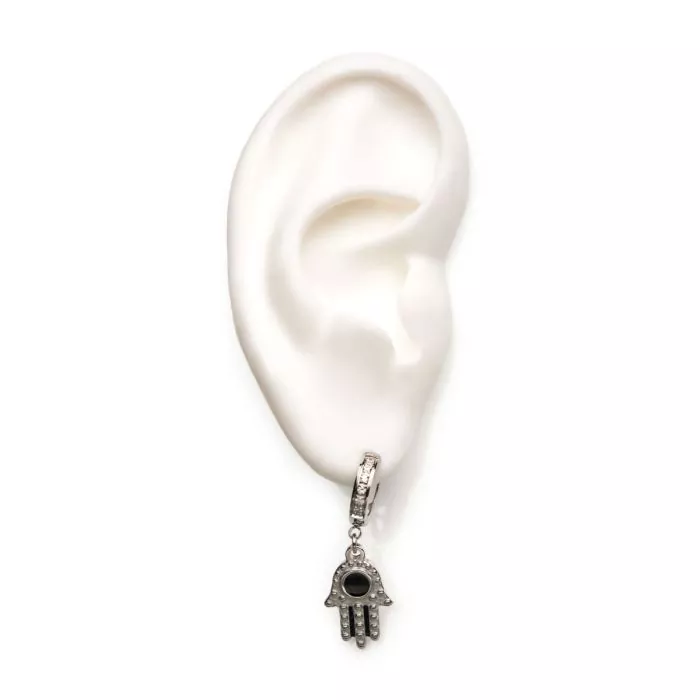 Silver Hamsa With Black Enamel Eye Dangle Huggie Hoop Earring - Image 2