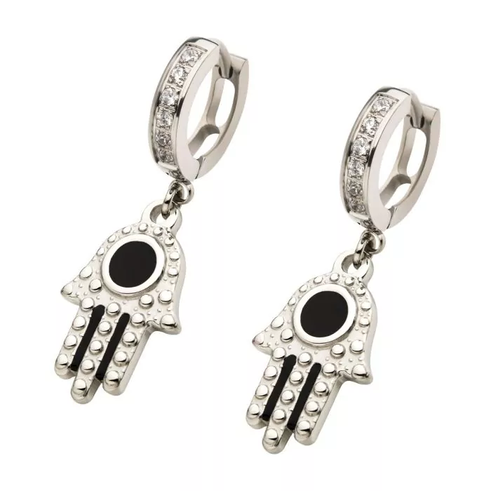 Silver Hamsa With Black Enamel Eye Dangle Huggie Hoop Earring - Image 3