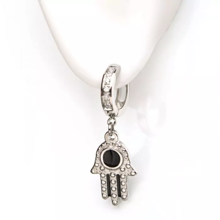 Silver Hamsa With Black Enamel Eye Dangle Huggie Hoop Earring - Image 4