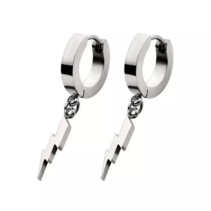 Silver Lightning Bolt Dangle Huggie Hoop Earring - Image 2
