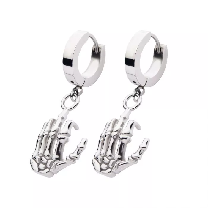 Silver Skeleton Hand Dangle Huggie Hoop Earring - Image 2