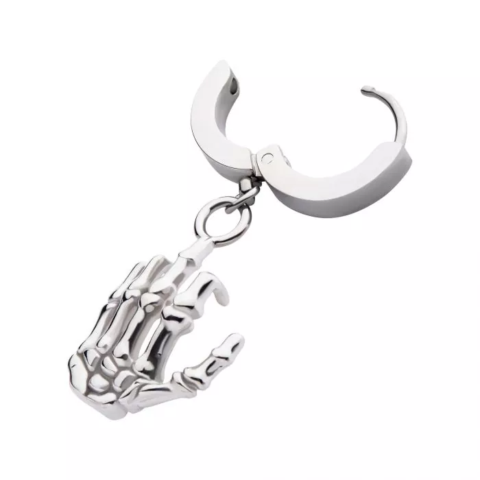 Silver Skeleton Hand Dangle Huggie Hoop Earring - Image 3