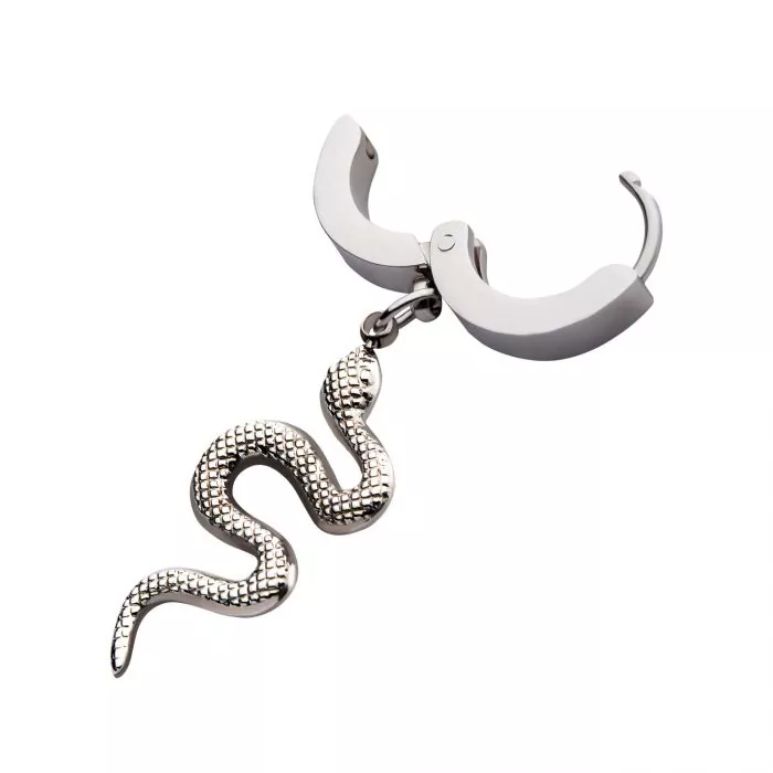 Silver Snake Dangle Huggie Hoop Earring - Image 3