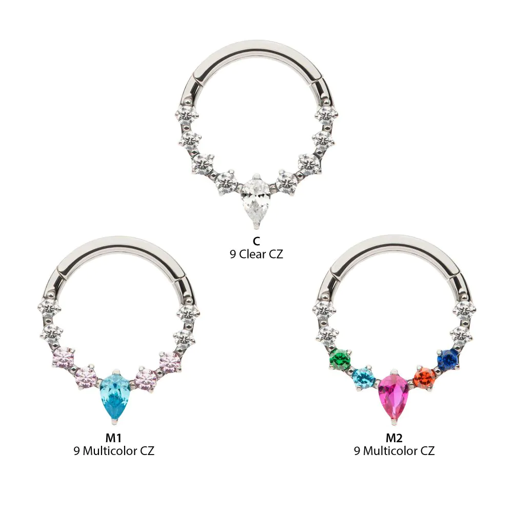 Titanium 9-Cluster Prong Set Round & Teardrop CZ Front Facing Hinged Segment Clicker - Image 4