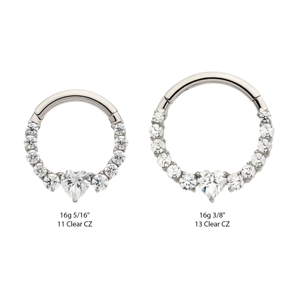 Titanium Clustered Prong Set Round CZ with Center Heart CZ Front Facing Hinged Segment Clicker - Image 3