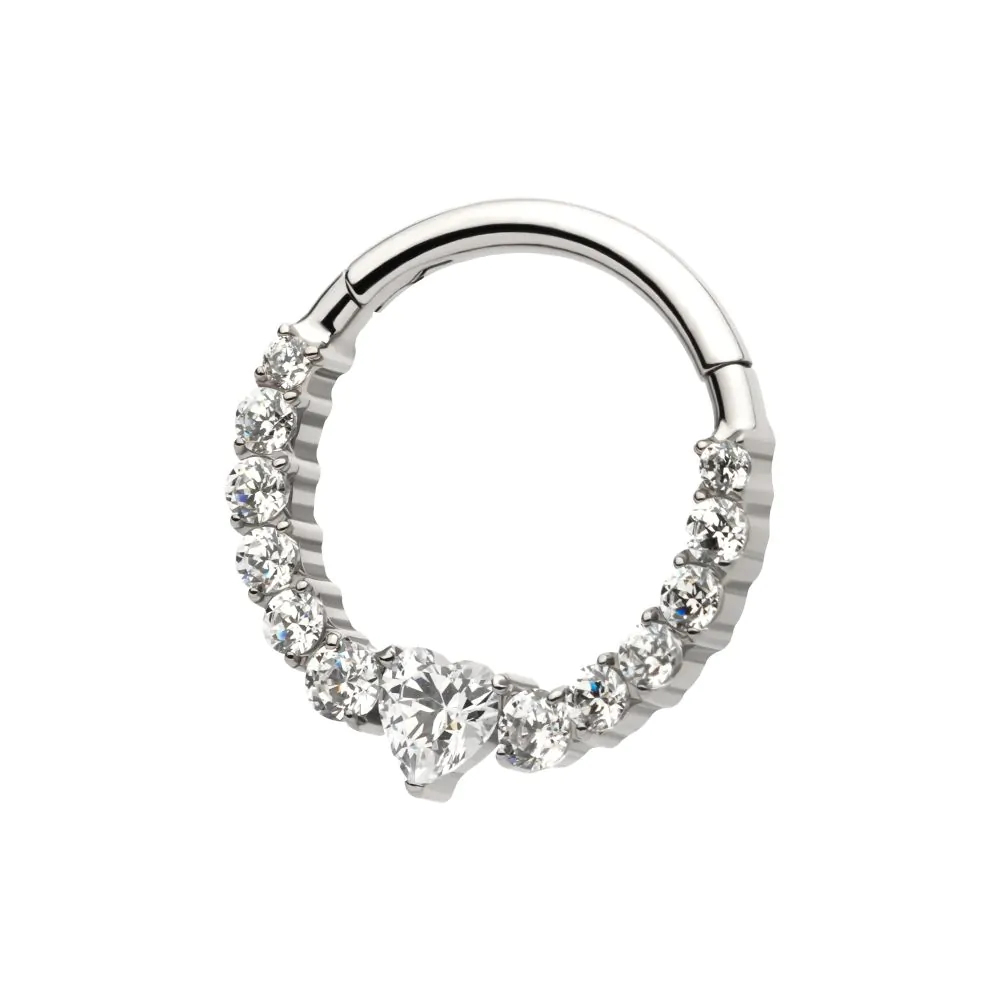 Titanium Clustered Prong Set Round CZ with Center Heart CZ Front Facing Hinged Segment Clicker - Image 4