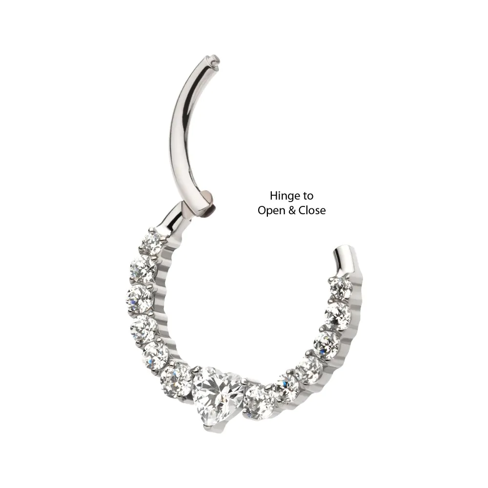 Titanium Clustered Prong Set Round CZ with Center Heart CZ Front Facing Hinged Segment Clicker - Image 5