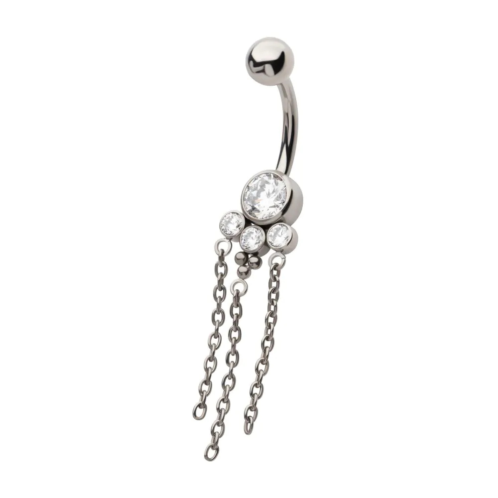 Titanium Internally Threaded Bezel Set Round Gem Cluster Navel with Tri-Bead and Triple Chain Dangle - Image 2