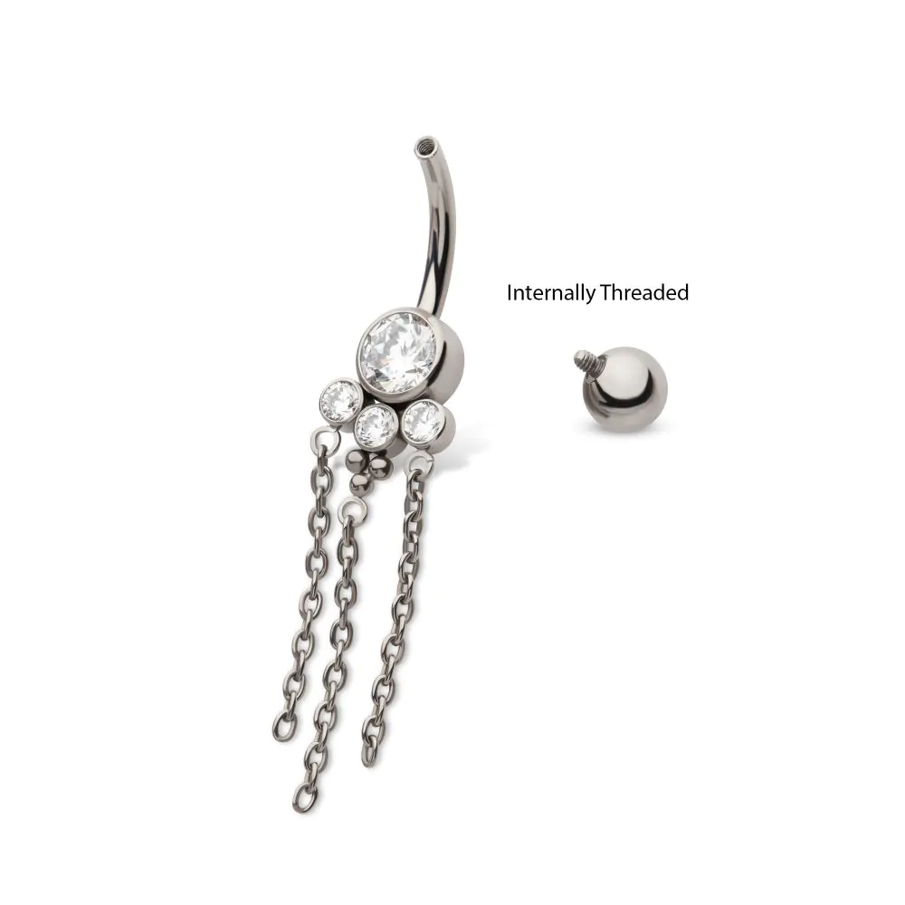 Titanium Internally Threaded Bezel Set Round Gem Cluster Navel with Tri-Bead and Triple Chain Dangle - Image 3