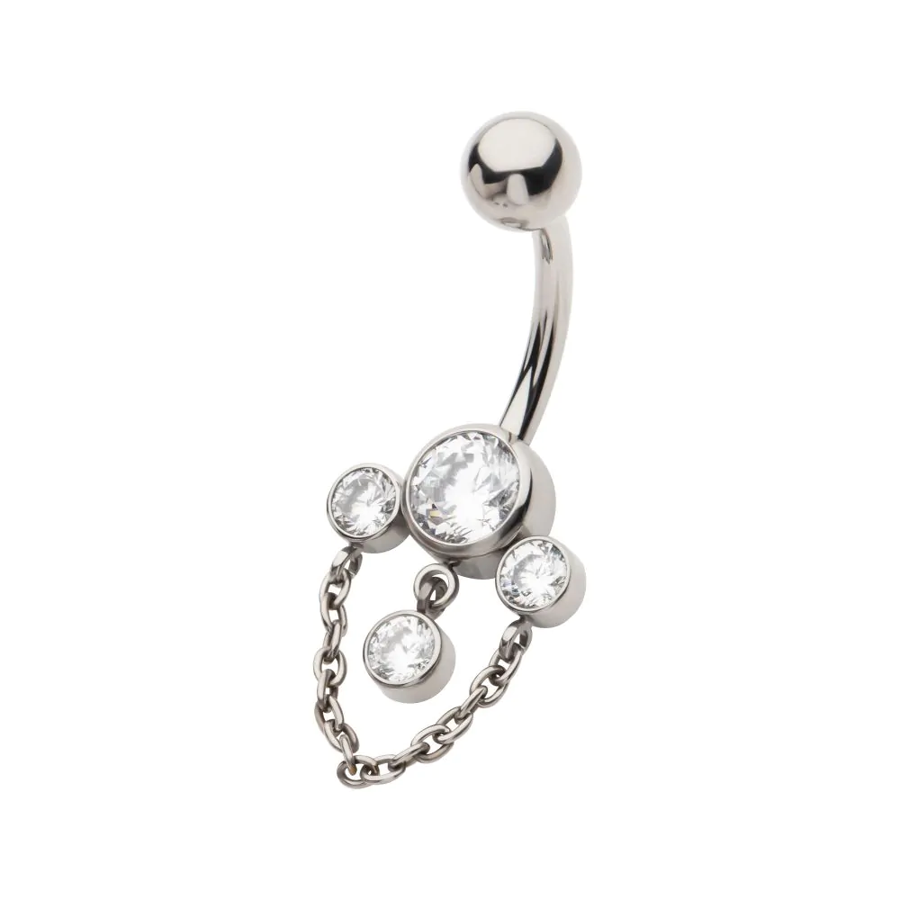 Titanium Internally Threaded Bezel Set Round Gem Fan Navel with Floating Gem and Chain Dangle - Image 2
