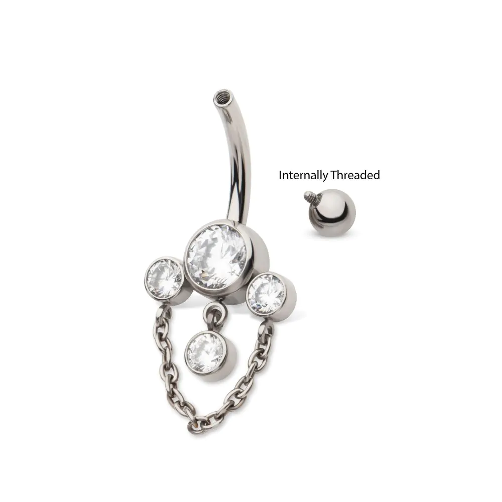 Titanium Internally Threaded Bezel Set Round Gem Fan Navel with Floating Gem and Chain Dangle - Image 3