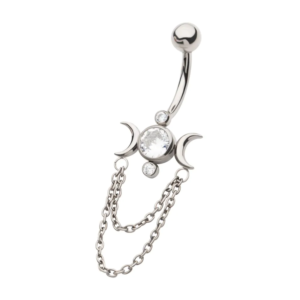 Titanium Internally Threaded Bezel Set Round Gem Triple Moon Phase Navel with 2-Tier Chain Dangle - Image 2