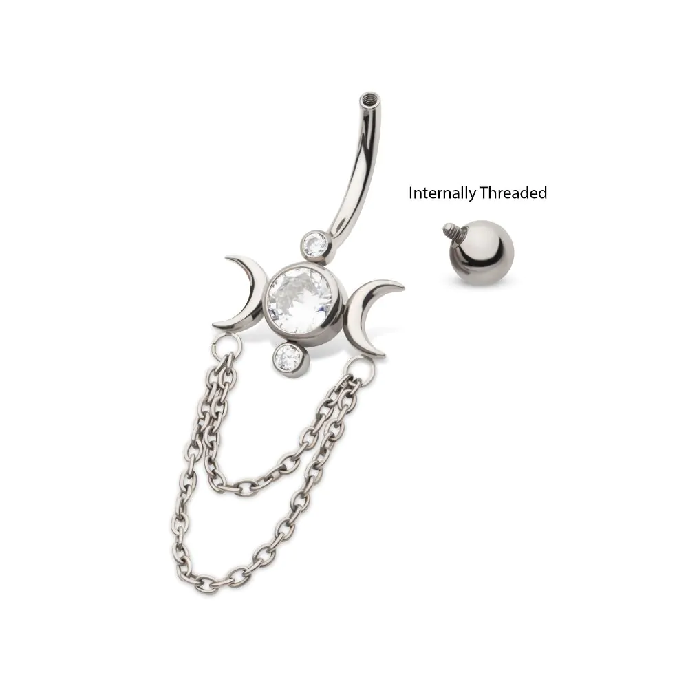 Titanium Internally Threaded Bezel Set Round Gem Triple Moon Phase Navel with 2-Tier Chain Dangle - Image 3