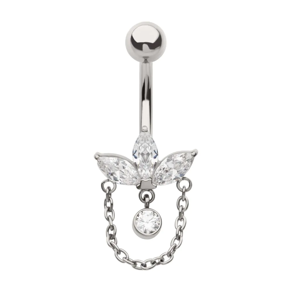 Titanium Internally Threaded Marquise Gem Fan Navel with Floating Gem and Chain Dangle
