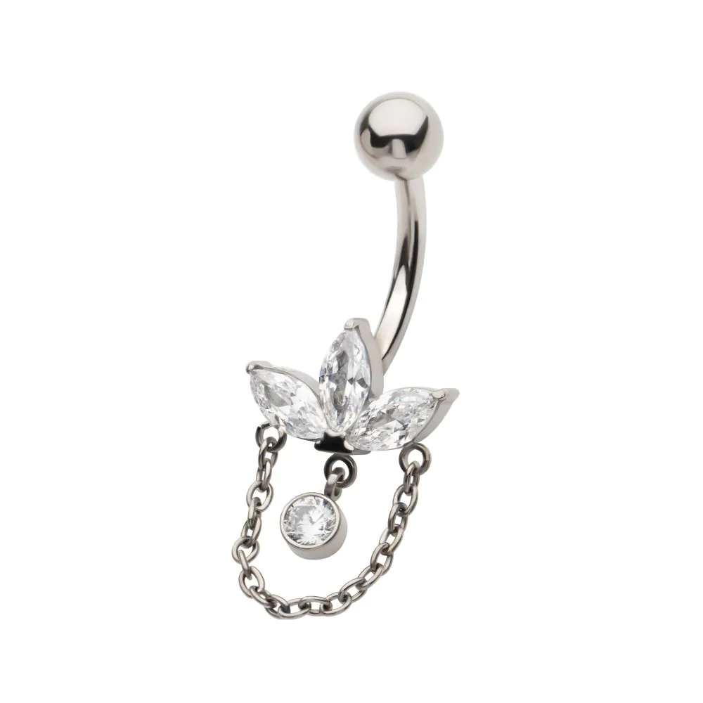 Titanium Internally Threaded Marquise Gem Fan Navel with Floating Gem and Chain Dangle - Image 2