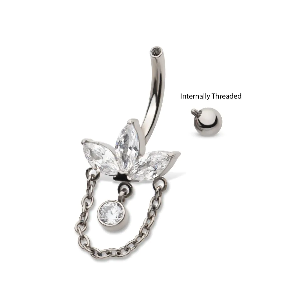 Titanium Internally Threaded Marquise Gem Fan Navel with Floating Gem and Chain Dangle - Image 3