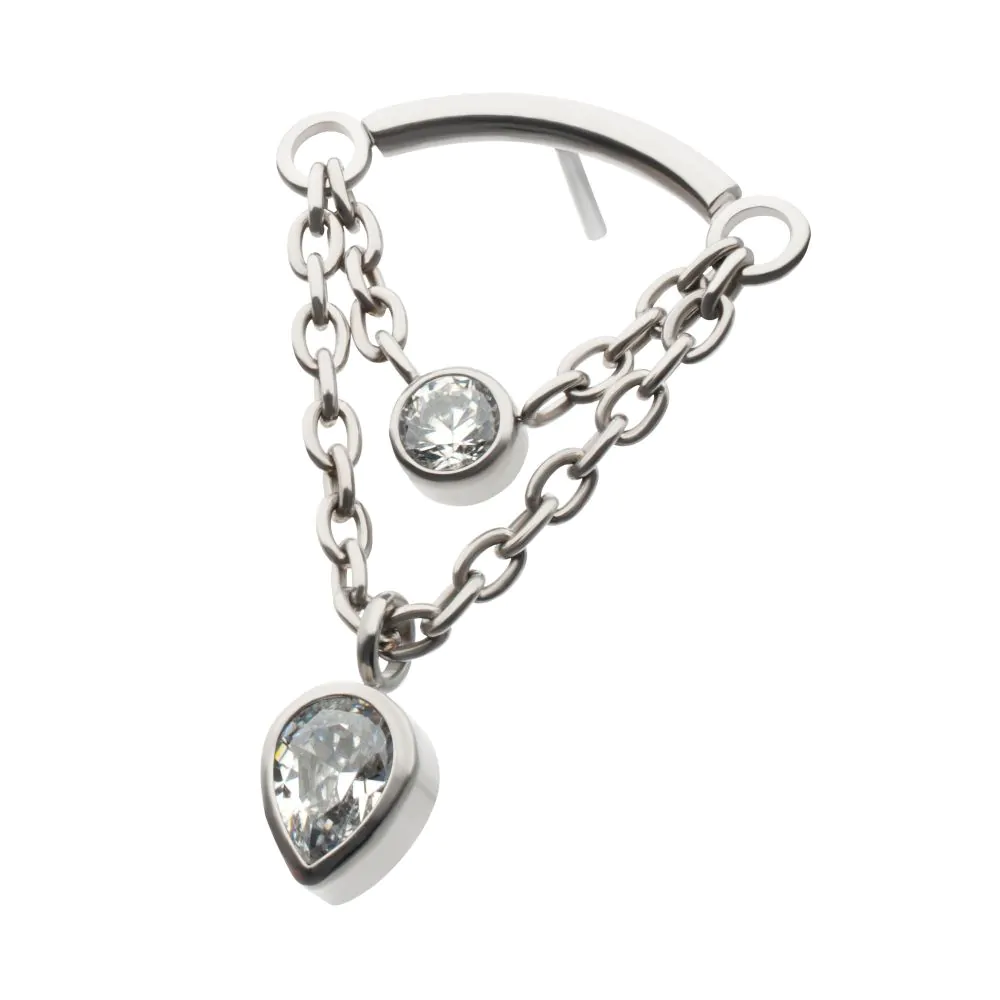 Titanium Threadless 2-Tier Dangle Chain Curved Bar Top with Bezel Round & Teadrop CZ - Image 3