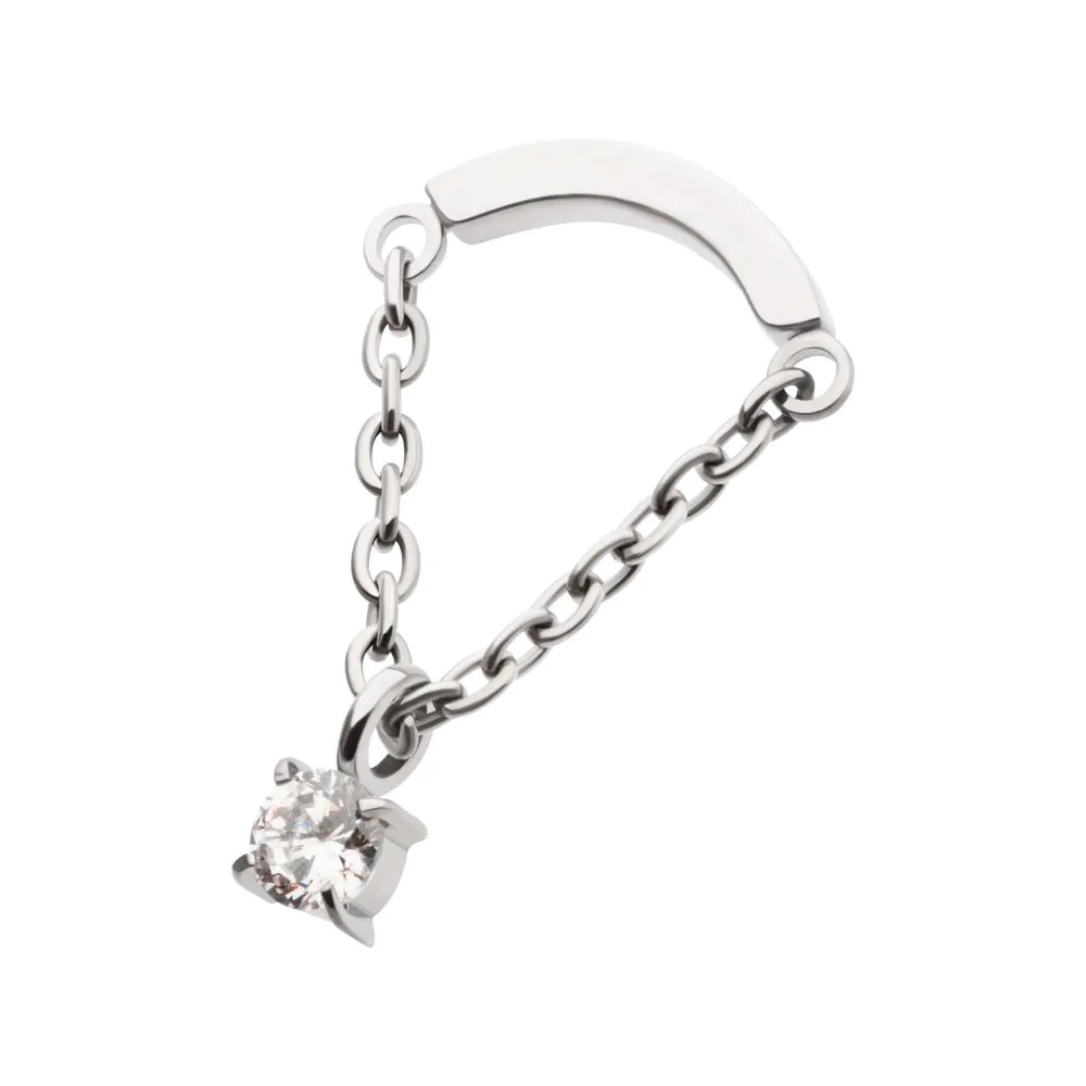 Titanium Threadless Curved Bar Top with Dangle Chain & Prong Set Round AAA CZ - Image 3